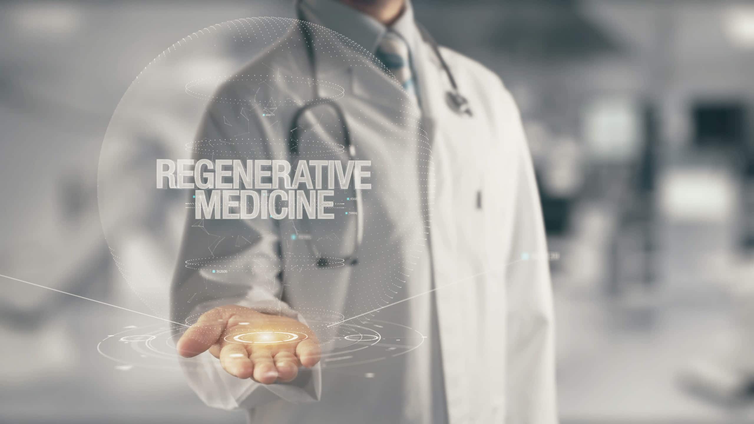 Concept art of a doctor and above his hands shows the text regenerative medicine