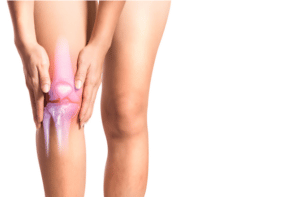 Isolated woman touching right knee joint