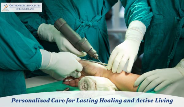 Surgeons in green gowns and gloves perform a medical procedure on a patient’s arm, using surgical tools; text below promotes personalized orthopedic care.