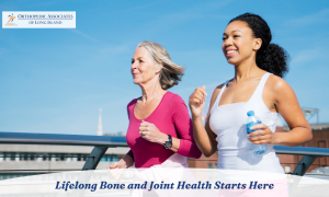 Two women, one older and one younger, jog outdoors in athletic wear. Both appear active and healthy. Text reads: "Lifelong Bone and Joint Health Starts Here.