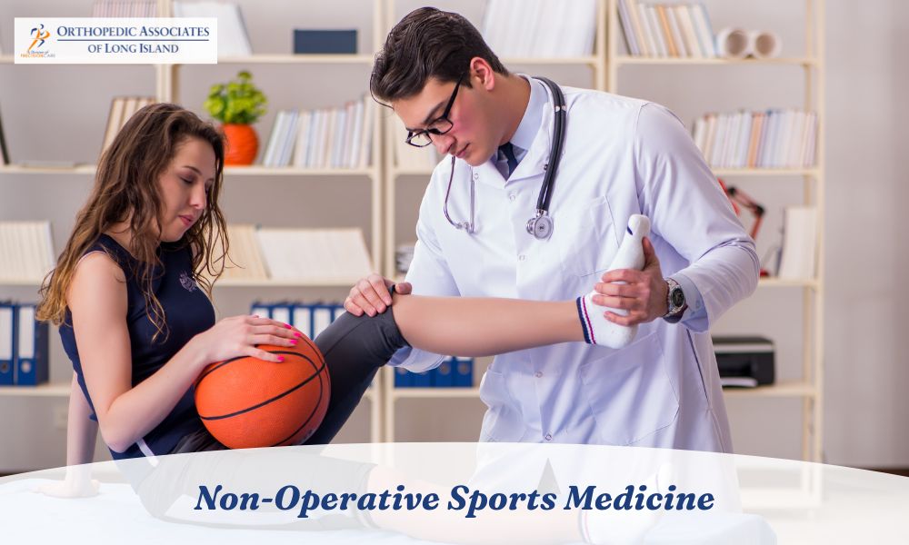 A doctor examines a female athlete's knee while she holds a basketball, with the text "Non-Operative Sports Medicine" and "Orthopedic Associates of Long Island" visible.
