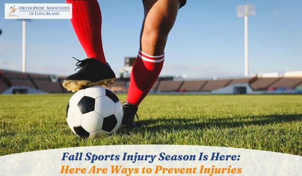 A soccer player wearing red socks stands on a grass field with one foot on a soccer ball. Text below promotes injury prevention for fall sports.