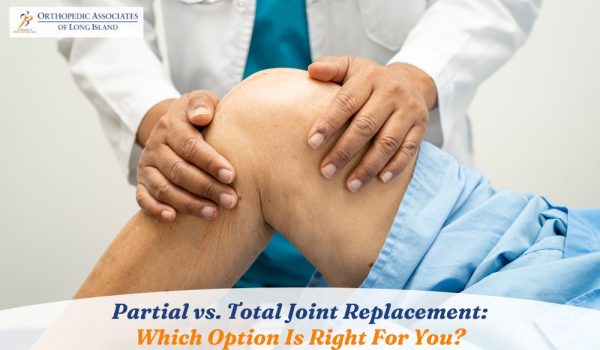 A doctor examines a patient's bent knee; text reads, "Partial vs. Total Joint Replacement: Which Option Is Right For You?" with Orthopedic Associates of Long Island logo.