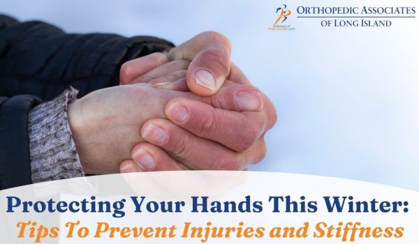 Close-up of a person clasping their hands together, accompanied by text about protecting hands from injuries and stiffness during winter.