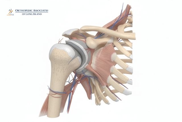 OALI LP (13) Illustration of the human shoulder joint showing bones, muscles, ligaments, and nerves; labeled with Orthopedic Associates of Long Island logo in the top left corner