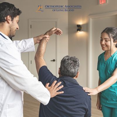 OALI LP (6) A doctor assists a seated male patient in raising his arm while a nurse observes in a medical office The logo "Orthopedic Associates of Long Island" is visible on the wall