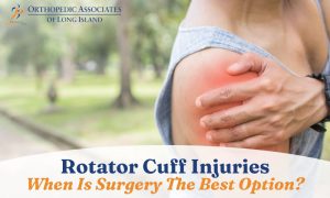 A person holding their painful shoulder, with text about rotator cuff injuries and surgery options by Orthopedic Associates of Long Island.