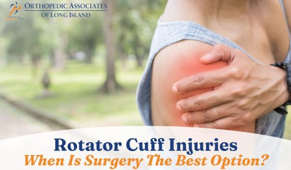 A person holding their painful shoulder, with text about rotator cuff injuries and surgery options by Orthopedic Associates of Long Island.